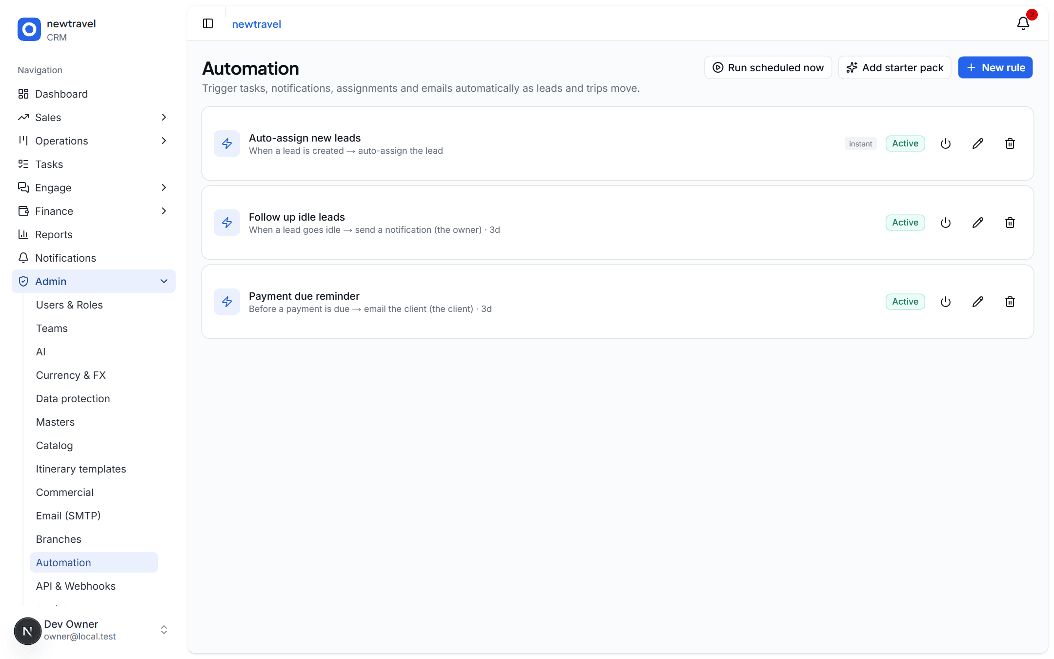 The automation rules screen with auto-assign, idle-lead and payment reminders active