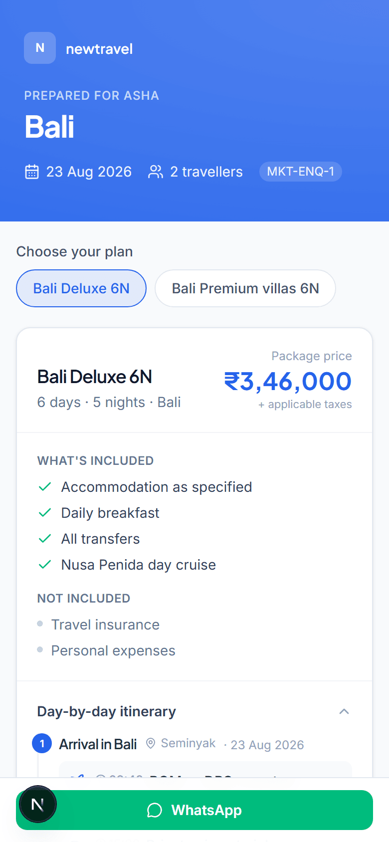 Asha's private trip page on a phone with the Bali Deluxe option